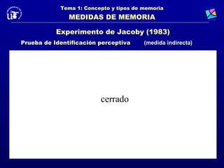 Tema 1: Concepto y tipos de memoria
               MEDIDAS DE MEMORIA

           Experimento de Jacoby (1983)
Prueba de Identificación perceptiva     (medida indirecta)




                         cerrado
 