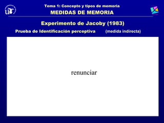 Tema 1: Concepto y tipos de memoria
               MEDIDAS DE MEMORIA

           Experimento de Jacoby (1983)
Prueba de Identificación perceptiva     (medida indirecta)




                        renunciar
 