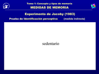 Tema 1: Concepto y tipos de memoria
               MEDIDAS DE MEMORIA

           Experimento de Jacoby (1983)
Prueba de Identificación perceptiva     (medida indirecta)




                       sedentario
 