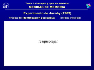 Tema 1: Concepto y tipos de memoria
               MEDIDAS DE MEMORIA

           Experimento de Jacoby (1983)
Prueba de Identificación perceptiva     (medida indirecta)




                      resquebrajar
 