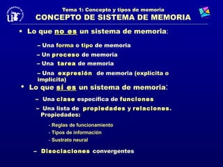 Tema 1: Concepto y tipos de memoria
    CONCEPTO DE SISTEMA DE MEMORIA
• Lo que no es un sistema de memoria:

    – Una forma o tipo de memoria
    – Un proceso de memoria
    – Una tarea de memoria
    – Una expresión de memoria (explícita o
    implícita)
• Lo que sí es un sistema de memoria:
    – Una clase específica de funciones
    – Una lista de propiedades y relaciones .
     Propiedades:
       - Reglas de funcionamiento
       - Tipos de información
       - Sustrato neural

   – Disociaciones convergentes
 