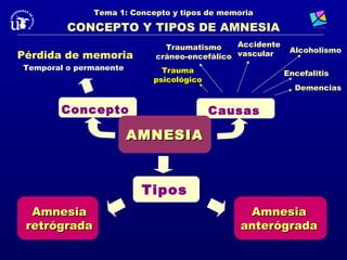 Tema 1: Concepto y tipos de memoria

         CONCEPTO Y TIPOS DE AMNESIA
                             Traumatismo     Accidente
                                                          Alcoholismo
Pérdida de memoria         cráneo-encefálico vascular
Temporal o permanente        Trauma                      Encefalitis
                           psicológico
                                                           Demencias


       Concepto                          Causas

                        AMNESIA



                         Tipos
  Amnesia                                      Amnesia
 retrógrada                                   anterógrada
 
