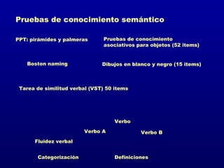 Pruebas de conocimiento semántico

PPT: pirámides y palmeras       Pruebas de conocimiento
                                asociativos para objetos (52 items)


   Boston naming               Dibujos en blanco y negro (15 items)



 Tarea de similitud verbal (VST) 50 items




                                    Verbo
                        Verbo A              Verbo B
      Fluidez verbal


       Categorización               Definiciones
 