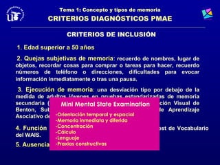 Tema 1: Concepto y tipos de memoria
           CRITERIOS DIAGNÓSTICOS PMAE

                  CRITERIOS DE INCLUSIÓN

1. Edad superior a 50 años
2. Quejas subjetivas de memoria: recuerdo de nombres, lugar de
                        memoria
objetos, recordar cosas para comprar o tareas para hacer, recuerdo
números de teléfono o direcciones, dificultades para evocar
información inmediatamente o tras una pausa.
3. Ejecución de memoria: una desviación tipo por debajo de la
medida de adultos jóvenes en pruebas estandarizadas de memoria
secundaria (MLPMini Mental State Examination
                   reciente). Ejemplos: Test de Retención Visual de
Benton, Subtest de Memoria Lógica o Subtest de Aprendizaje
               -Orientación temporal y espacial
Asociativo del WMS .
             -Memoria inmediata y diferida
             -Concentración
4. Función intelectual adecuada, medida por subtest de Vocabulario
             -Cálculo
del WAIS.    -Lenguaje
             -Praxias constructivas
5. Ausencia de demencia, medida por el MMSE.
 