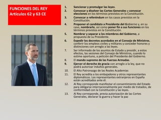 FUNCIONES DEL REY
Artículos 62 y 63 CE
1. Sancionar y promulgar las leyes.
2. Convocar y disolver las Cortes Generales y convocar
elecciones en los términos previstos en la Constitución.
3. Convocar a referéndum en los casos previstos en la
Constitución.
4. Proponer el candidato a Presidente del Gobierno y, en su
caso, nombrarlo, así como poner fin a sus funciones en los
términos previstos en la Constitución.
5. Nombrar y separar a los miembros del Gobierno, a
propuesta de su Presidente.
6. Expedir los decretos acordados en el Consejo de Ministros,
conferir los empleos civiles y militares y conceder honores y
distinciones con arreglo a las leyes.
7. Ser informado de los asuntos de Estado y presidir, a estos
efectos, las sesiones del Consejo de Ministros, cuando lo
estime oportuno, a petición del Presidente del Gobierno.
8. El mando supremo de las Fuerzas Armadas.
9. Ejercer el derecho de gracia con arreglo a la ley, que no
podrá autorizar indultos generales.
10. El Alto Patronazgo de las Reales Academias
11. El Rey acredita a los embajadores y otros representantes
diplomáticos. Los representantes extranjeros en España
están acreditados ante él.
12. Al Rey corresponde manifestar el consentimiento del Estado
para obligarse internacionalmente por medio de tratados, de
conformidad con la Constitución y las leyes.
13. Al Rey corresponde, previa autorización de las Cortes
Generales, declarar la guerra y hacer la paz
 