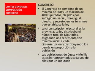 CORTES GENERALES
COMPOSICIÓN
CONGRESO
CONGRESO:
• El Congreso se compone de un
mínimo de 300 y un máximo de
400 Diputados, elegidos por
sufragio universal, libre, igual,
directo y secreto, en los términos
que establezca la ley
• La circunscripción electoral es la
provincia. La ley distribuirá el
número total de Diputados,
asignando una representación
mínima inicial a cada
circunscripción y distribuyendo los
demás en proporción a la
población
• Las poblaciones de Ceuta y Melilla
estarán representadas cada una de
ellas por un Diputado
 