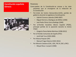 Constitución española
Génesis
Ponencia:
Como padres de la Constitución se conoce a los siete
ponentes que se encargaron de la redacción de
la Constitución:
• Por Unión de Centro Democrático (UCD), partido de
gobierno durante la Legislatura Constituyente:
– Gabriel Cisneros Laborda (1940-2007)
– Miguel Herrero y Rodríguez de Miñón (1940)
– José Pedro Pérez-Llorca Rodrigo (1940)
• Por el Partido Socialista Obrero Español (PSOE),
principal partido de la oposición durante la misma
etapa:
– Gregorio Peces-Barba Martínez (1938-2012)
• Por el Partido Comunista de España (PCE):
– Jordi Solé Tura (1930-2009)
• Por Alianza Popular (AP):
– Manuel Fraga Iribarne (1922-2012)
• Por Minoría Catalana (CDC, UDC, PSC-R, EDC y ERC):
– Miquel Roca i Junyent (1940)
 