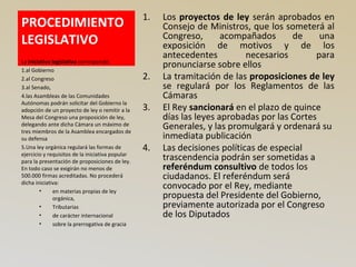 PROCEDIMIENTO
LEGISLATIVO
1. Los proyectos de ley serán aprobados en
Consejo de Ministros, que los someterá al
Congreso, acompañados de una
exposición de motivos y de los
antecedentes necesarios para
pronunciarse sobre ellos
2. La tramitación de las proposiciones de ley
se regulará por los Reglamentos de las
Cámaras
3. El Rey sancionará en el plazo de quince
días las leyes aprobadas por las Cortes
Generales, y las promulgará y ordenará su
inmediata publicación
4. Las decisiones políticas de especial
trascendencia podrán ser sometidas a
referéndum consultivo de todos los
ciudadanos. El referéndum será
convocado por el Rey, mediante
propuesta del Presidente del Gobierno,
previamente autorizada por el Congreso
de los Diputados
La iniciativa legislativa corresponde:
1.al Gobierno
2.al Congreso
3.al Senado,
4.las Asambleas de las Comunidades
Autónomas podrán solicitar del Gobierno la
adopción de un proyecto de ley o remitir a la
Mesa del Congreso una proposición de ley,
delegando ante dicha Cámara un máximo de
tres miembros de la Asamblea encargados de
su defensa
5.Una ley orgánica regulará las formas de
ejercicio y requisitos de la iniciativa popular
para la presentación de proposiciones de ley.
En todo caso se exigirán no menos de
500.000 firmas acreditadas. No procederá
dicha iniciativa:
• en materias propias de ley
orgánica,
• Tributarias
• de carácter internacional
• sobre la prerrogativa de gracia
 