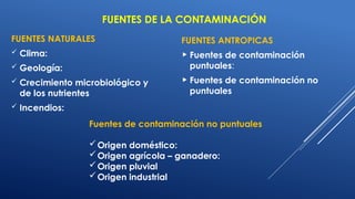 FUENTES DE LA CONTAMINACIÓN
FUENTES NATURALES
 Clima:
 Geología:
 Crecimiento microbiológico y
de los nutrientes
 Incendios:
FUENTES ANTROPICAS
 Fuentes de contaminación
puntuales:
 Fuentes de contaminación no
puntuales
Fuentes de contaminación no puntuales
Origen doméstico:
Origen agrícola – ganadero:
Origen pluvial
Origen industrial
 