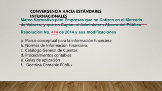 Marco Normativo para Empresas que no Cotizan en el Mercado
de Valores, y que no Captan ni Administran Ahorro del Público
Resolución No. 414 de 2014 y sus modificaciones
a. Marco conceptual para la información financiera
b. Normas de Información Financiera.
c. Catálogo General de Cuentas
d. Procedimientos contables
e. Guías de aplicación
f. Doctrina Contable Pública
CONVERGENCIA HACIA ESTÁNDARES
INTERNACIONALES
 