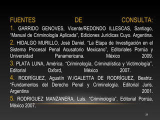 FUENTES                DE                CONSULTA:
1. GARRIDO GENOVES, Vicente/REDONDO ILLESCAS, Santiago,
“Manual de Criminología Aplicada”, Ediciones Jurídicas Cuyo. Argentina.
2. HIDALGO MURILLO, José Daniel. “La Etapa de Investigación en el
Sistema Procesal Penal Acusatorio Mexicano”, Editoriales Porrúa y
Universidad          Panamericana.             México            2009.
3. PLATA LUNA, América. “Criminología, Criminalística y Victimología”.
Editorial         Oxford,           México             2007.
4. RODRÍGUEZ, Agustín W./GALETTA DE RODRÍGUEZ, Beatriz.
“Fundamentos del Derecho Penal y Criminología. Editorial Juris.
Argentina                                                        2001.
5. RODRIGUEZ MANZANERA, Luis. “Criminología”, Editorial Porrúa,
México 2007.
                                                                   28
 