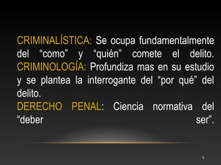 CRIMINALÍSTICA: Se ocupa fundamentalmente
del “como” y “quién” comete el delito.
CRIMINOLOGÍA: Profundiza mas en su estudio
y se plantea la interrogante del “por qué” del
delito.
DERECHO PENAL: Ciencia normativa del
“deber                                    ser”.


                                            6
 