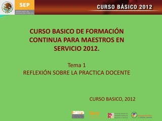 CURSO BASICO DE FORMACIÓN
CONTINUA PARA MAESTROS EN
SERVICIO 2012.
Tema 1
REFLEXIÓN SOBRE LA PRACTICA DOCENTE
CURSO BASICO, 2012
 