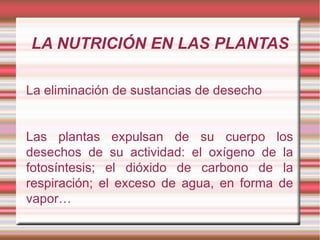 LA NUTRICIÓN EN LAS PLANTAS

La eliminación de sustancias de desecho


Las plantas expulsan de su cuerpo los
desechos de su actividad: el oxígeno de la
fotosíntesis; el dióxido de carbono de la
respiración; el exceso de agua, en forma de
vapor…
 