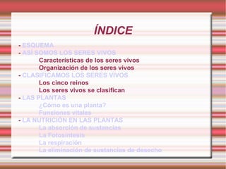 ÍNDICE - ESQUEMA - ASÍ SOMOS LOS SERES VIVOS Características de los seres vivos Organización de los seres vivos - CLASIFICAMOS LOS SERES VIVOS Los cinco reinos Los seres vivos se clasifican - LAS PLANTAS ¿Cómo es una planta? Funciones vitales - LA NUTRICIÓN EN LAS PLANTAS La absorción de sustancias La Fotosíntesis La respiración La eliminación de sustancias de desecho