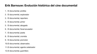 Erik Barnouw: Evolución histórica del cine documental
1. El documental, profeta
2. El documental, explorador
3. El documental, reportero
4. El documental, pintor
5. El documental, abogado
6. El documental,
fi
scal acusador
7. El documental, poeta
8. El documental, cronista
9. El documental, promotor
10.El documental, observador,
11.El documental, agente catalizador
12.El documental, guerrillero
 