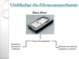 Disco Duro




              Parte del computador
Contiene la
información                          Almacena los distintos
 codificada                          programas y archivos.
 