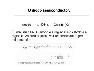 O diodo semiconductor.

Ânodo

Cátodo (K)

É uma união PN. O ânodo é a região P e o cátodo é a 
região N. As caraterísticas volt-ampéricas se regem 
pela equação:

 