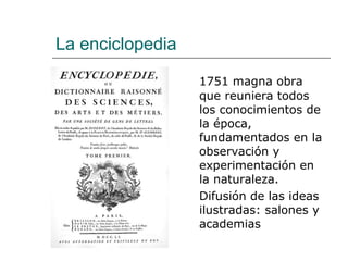 La enciclopedia

                  1751 magna obra
                  que reuniera todos
                  los conocimientos de
                  la época,
                  fundamentados en la
                  observación y
                  experimentación en
                  la naturaleza.
                  Difusión de las ideas
                  ilustradas: salones y
                  academias
 