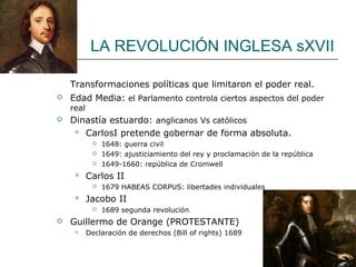LA REVOLUCIÓN INGLESA sXVII

    Transformaciones políticas que limitaron el poder real.
   Edad Media: el Parlamento controla ciertos aspectos del poder
    real
   Dinastía estuardo: anglicanos Vs católicos
      CarlosI pretende gobernar de forma absoluta.
               1648: guerra civil
               1649: ajusticiamiento del rey y proclamación de la república
               1649-1660: república de Cromwell
          Carlos II
               1679 HABEAS CORPUS: libertades individuales
          Jacobo II
               1689 segunda revolución
   Guillermo de Orange (PROTESTANTE)
          Declaración de derechos (Bill of rights) 1689
 