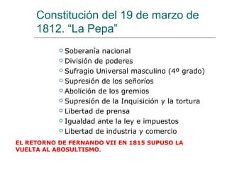 Constitución del 19 de marzo de
     1812. “La Pepa”
            Soberanía nacional
            División de poderes

            Sufragio Universal masculino (4º grado)

            Supresión de los señoríos

            Abolición de los gremios

            Supresión de la Inquisición y la tortura

            Libertad de prensa

            Igualdad ante la ley e impuestos

            Libertad de industria y comercio

EL RETORNO DE FERNANDO VII EN 1815 SUPUSO LA
VUELTA AL ABOSULTISMO.
 
