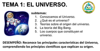 TEMA 1: EL UNIVERSO.
subtemas:
1. Conozcamos el Universo.
2. ¿Qué es el universo?
3. Teorías sobre el origen del universo.
4. La teoría del Big Bang.
5. Los cuerpos que constituyen el
universo.
DESEMPEÑO: Reconoce las principales características del Universo,
comprendiendo los principios científicos que explican su origen.
 