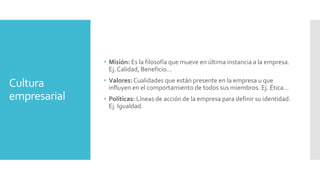 Cultura
empresarial
• Misión: Es la filosofía que mueve en última instancia a la empresa.
Ej. Calidad, Beneficio…
• Valores: Cualidades que están presente en la empresa u que
influyen en el comportamiento de todos sus miembros. Ej. Ética...
• Políticas: Líneas de acción de la empresa para definir su identidad.
Ej. Igualdad.
 