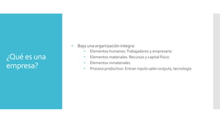 ¿Qué es una
empresa?
• Bajo una organización integra:
• Elementos humanos:Trabajadores y empresario
• Elementos materiales: Recursos y capital físico
• Elementos inmateriales
• Proceso productivo: Entran inputs salen outputs, tecnología
 