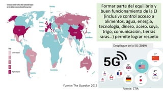 Formar parte del equilibrio y
buen funcionamiento de la EI
(inclusive control acceso a
alimentos, agua, energía,
tecnología, dinero, acero, soya,
trigo, comunicación, tierras
raras…) permite lograr respeto
Fuente: The Guardian 2015
Despliegue de la 5G (2019)
Fuente: CTIA
 