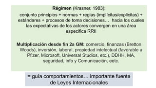 Régimen (Krasner, 1983):
conjunto principios + normas + reglas (implícitas/explicitas) +
estándares + procesos de toma decisiones… hacia los cuales
las expectativas de los actores convergen en una área
especifica RRII
Multiplicación desde fin 2a GM: comercio, finanzas (Bretton
Woods), inversión, laboral, propiedad intelectual (favorable a
Pfizer, Microsoft, Universal Studios, etc.), DDHH, MA,
seguridad, info y Comunicación, eetc.
= guía comportamientos… importante fuente
de Leyes Internacionales
 