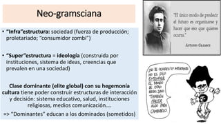 Neo-gramsciana
• “Infra”estructura: sociedad (fuerza de producción;
proletariado; “consumidor zombi”)
• “Super”estructura = ideología (construida por
instituciones, sistema de ideas, creencias que
prevalen en una sociedad)
Clase dominante (elite global) con su hegemonía
cultura tiene poder construir estructuras de interacción
y decisión: sistema educativo, salud, instituciones
religiosas, medios comunicación….
=> “Dominantes” educan a los dominados (sometidos)
 