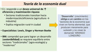• E.I. responde a un deseo universal de ↑
eficiencia y maximización riqueza
• Sectores tradicionales transitan hacia
modernización/eficiencia (agricultura →
industria)
• Explica migración rural→ ciudad
• Especialistas: Lewis, Singer y Herman Boeke
• BM: comprobó que para lograr un desarrollo
(sostenibilidad) se requiere equilibrio entre
sectores “tradicionales” (agro-ecología) y
“modernos”
Teoría de la economía dual
“Desarrollo” (crecimiento)
obliga a un cambio en los
“sectores de la economía que
viven en forma elemental, que
producen meramente para
subsistir y no crean la
demanda” ARANGO
LONDOÑO
 