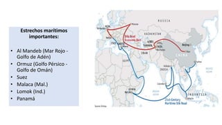 Estrechos marítimos
importantes:
• Al Mandeb (Mar Rojo -
Golfo de Adén)
• Ormuz (Golfo Pérsico -
Golfo de Omán)
• Suez
• Malaca (Mal.)
• Lomok (Ind.)
• Panamá
 
