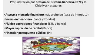 Profundización por presión del sistema bancario, ETN y PI.
Objetivos= asegurar:
• Acceso a mercado financiero más profundo (tasa de interés ↓)
• Inversión financiera (Banca y Fondos)
• Fluidez operaciones financieras (ETN y Banca)
• Mayor captación de capital (Banca)
• Financiar presupuesto público (PI)
 