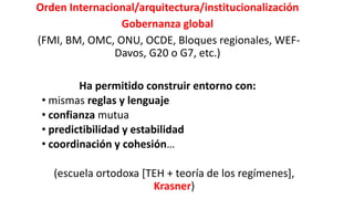 Orden Internacional/arquitectura/institucionalización
Gobernanza global
(FMI, BM, OMC, ONU, OCDE, Bloques regionales, WEF-
Davos, G20 o G7, etc.)
Ha permitido construir entorno con:
• mismas reglas y lenguaje
• confianza mutua
• predictibilidad y estabilidad
• coordinación y cohesión…
(escuela ortodoxa [TEH + teoría de los regímenes],
Krasner)
 