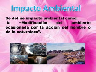 Se define impacto ambiental como:
la
“Modificación
del
ambiente
ocasionada por la acción del hombre o
de la naturaleza”.

 