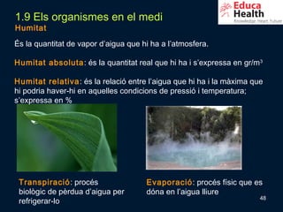 1.9 Els organismes en el medi
Humitat

És la quantitat de vapor d’aigua que hi ha a l’atmosfera.

Humitat absoluta: és la quantitat real que hi ha i s’expressa en gr/m3

Humitat relativa : és la relació entre l’aigua que hi ha i la màxima que
hi podria haver-hi en aquelles condicions de pressió i temperatura;
s’expressa en %




 Transpiració: procés                 Evaporació: procés físic que es
 biològic de pèrdua d’aigua per       dóna en l’aigua lliure
                                                                       48
 refrigerar-lo
 