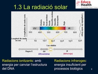 1.3 La radiació solar




Radiacions ionitzants: amb         Radiacions infraroges:
energia per canviar l’estructura   energia insuficient per
del DNA                            processos biològics       9
 