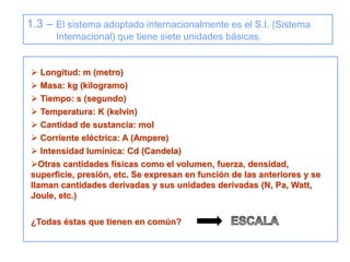 1.3 – El sistema adoptado internacionalmente es el S.I. (Sistema
Internacional) que tiene siete unidades básicas.
 Longitud: m (metro)
 Masa: kg (kilogramo)
 Tiempo: s (segundo)
 Temperatura: K (kelvin)
 Cantidad de sustancia: mol
 Corriente eléctrica: A (Ampere)
 Intensidad lumínica: Cd (Candela)
Otras cantidades físicas como el volumen, fuerza, densidad,
superficie, presión, etc. Se expresan en función de las anteriores y se
llaman cantidades derivadas y sus unidades derivadas (N, Pa, Watt,
Joule, etc.)
¿Todas éstas que tienen en común?
 
