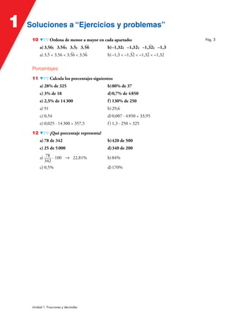 Soluciones a “Ejercicios y problemas”
Soluciones a “Ejercicios y problemas”
1
Unidad 1. Fracciones y decimales
10 Ordena de menor a mayor en cada apartado:
a) 3,56; 3,5
)
6; 3,
)
5; 3,
)
56 b)–1,32; –1,3
)
2; –1,
)
32; –1,
)
3
a) 3,
)
5  3,56  3,
)
56  3,5
)
6 b)–1,
)
3  –1,
)
32  –1,3
)
2  –1,32
Porcentajes
11 Calcula los porcentajes siguientes:
a) 28% de 325 b)80% de 37
c) 3% de 18 d)0,7% de 4850
e) 2,5% de 14300 f) 130% de 250
a) 91 b)29,6
c) 0,54 d)0,007 · 4850 = 33,95
e) 0,025 · 14300 = 357,5 f) 1,3 · 250 = 325
12 ¿Qué porcentaje representa?
a) 78 de 342 b)420 de 500
c) 25 de 5000 d)340 de 200
a) 78
342
· 100 8 22,81% b)84%
c) 0,5% d)170%
Pág. 3
 