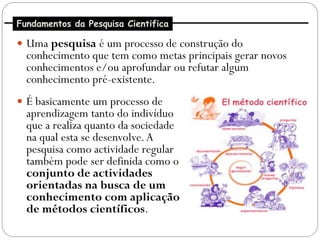 Fundamentos da Pesquisa Cientifica

 Uma pesquisa é um processo de construção do
  conhecimento que tem como metas principais gerar novos
  conhecimentos e/ou aprofundar ou refutar algum
  conhecimento pré-existente.
 É basicamente um processo de
  aprendizagem tanto do indivíduo
  que a realiza quanto da sociedade
  na qual esta se desenvolve. A
  pesquisa como actividade regular
  também pode ser definida como o
  conjunto de actividades
  orientadas na busca de um
  conhecimento com aplicação
  de métodos científicos.
 