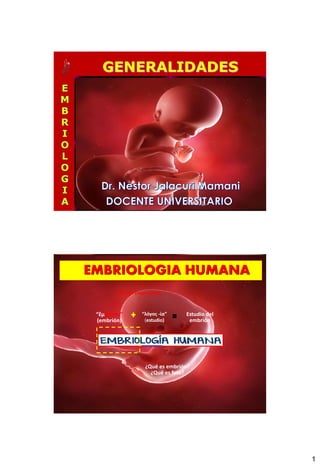 1
«Brotar» (vegetación)
“ἔμβρυον”
(embrión)
“λόγος ‐ία”
(estudio)
Estudio del
embrión
¿Qué es embrión?
¿Qué es feto?
EMBRIOLOGIA HUMANA
 