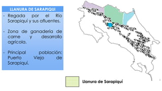 LLANURA DE SARAPIQUI
- Regada por el Río
Sarapiquí y sus afluentes.
- Zona de ganadería de
carne y desarrollo
agrícola.
- Principal población:
Puerto Viejo de
Sarapiquí.
Llanura de Sarapiquí
 