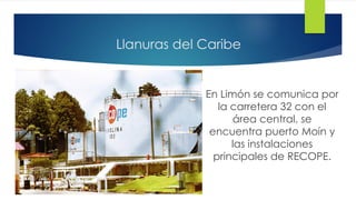 Llanuras del Caribe
En Limón se comunica por
la carretera 32 con el
área central, se
encuentra puerto Moín y
las instalaciones
principales de RECOPE.
 