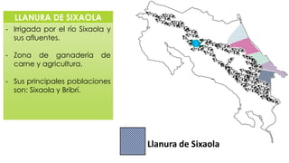 LLANURA DE SIXAOLA
- Irrigada por el río Sixaola y
sus afluentes.
- Zona de ganadería de
carne y agricultura.
- Sus principales poblaciones
son: Sixaola y Bribrí.
Llanura de Sixaola
 