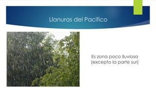 Llanuras del Pacifico
Es zona poco lluviosa
(excepto la parte sur)
 