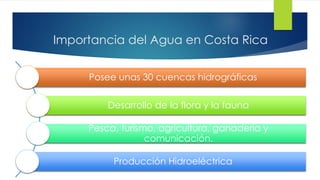 Importancia del Agua en Costa Rica
Posee unas 30 cuencas hidrográficas
Desarrollo de la flora y la fauna
Pesca, turismo, agricultura, ganadería y
comunicación.
Producción Hidroeléctrica
 