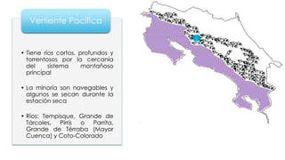 • Tiene ríos cortos, profundos y
torrentosos por la cercanía
del sistema montañoso
principal
• La minoría son navegables y
algunos se secan durante la
estación seca
• Ríos: Tempisque, Grande de
Tárcoles, Pirrís o Parrita,
Grande de Térraba (Mayor
Cuenca) y Coto-Colorado
Vertiente Pacífica
 