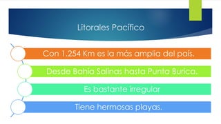 Litorales Pacífico
Con 1.254 Km es la más amplia del país.
Desde Bahía Salinas hasta Punta Burica.
Es bastante irregular
Tiene hermosas playas.
 