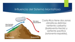 Influencia del Sistema Montañoso
Costa Rica tiene dos zonas
climáticas distintas:
vertiente caribeña
(barlovento-frente) y
vertiente pacífica
(sotavento-espalda).
 